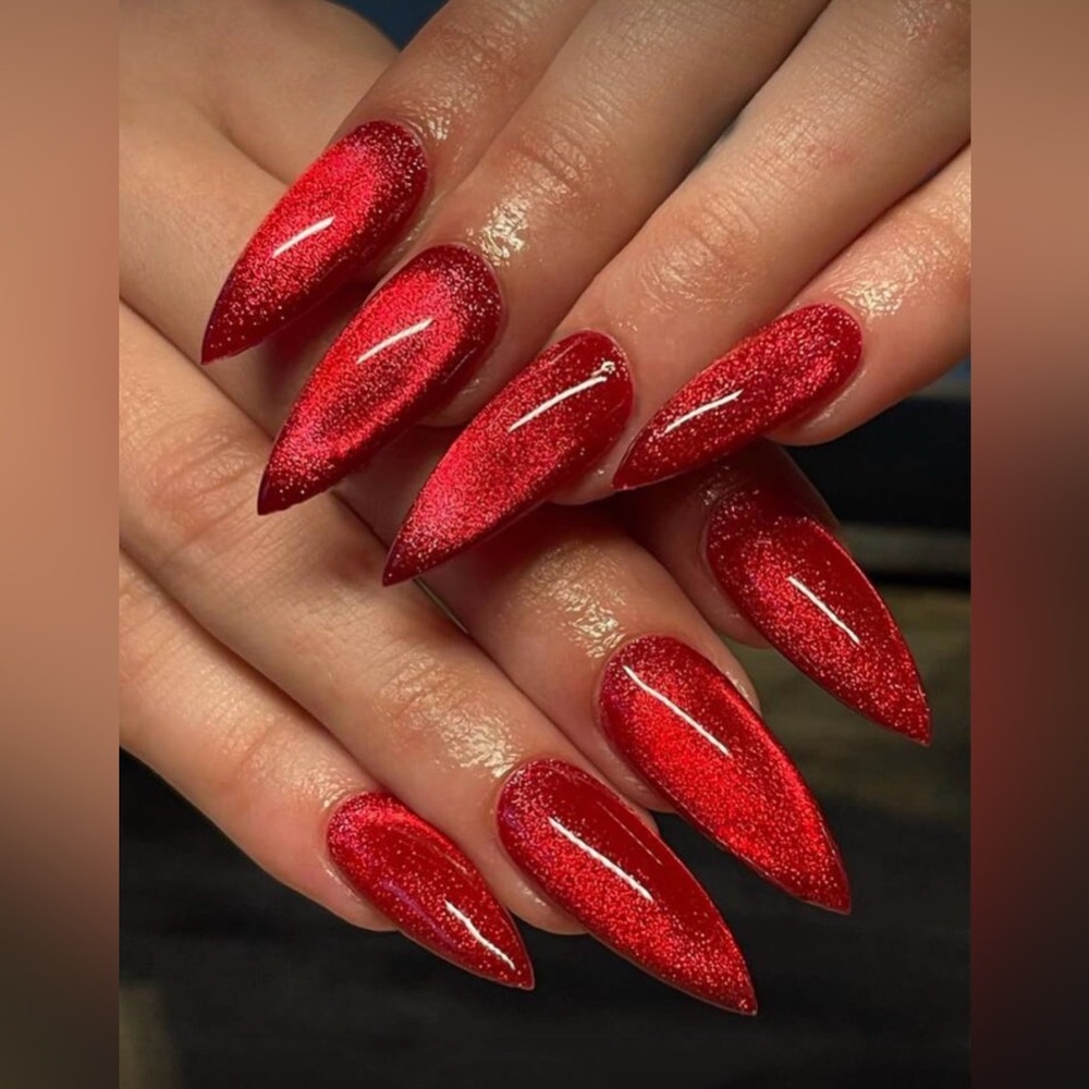 Red Metallic Cat Eye Long Almond Nail Kit, Press-On Nails, New
